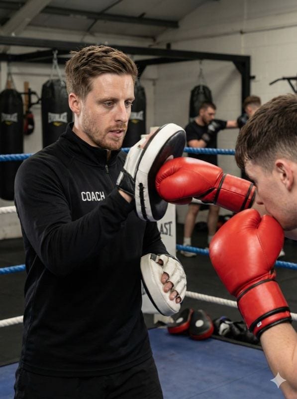 Jon Francis, founder of BoxerConnect, coaching on the pads in a boxing gym