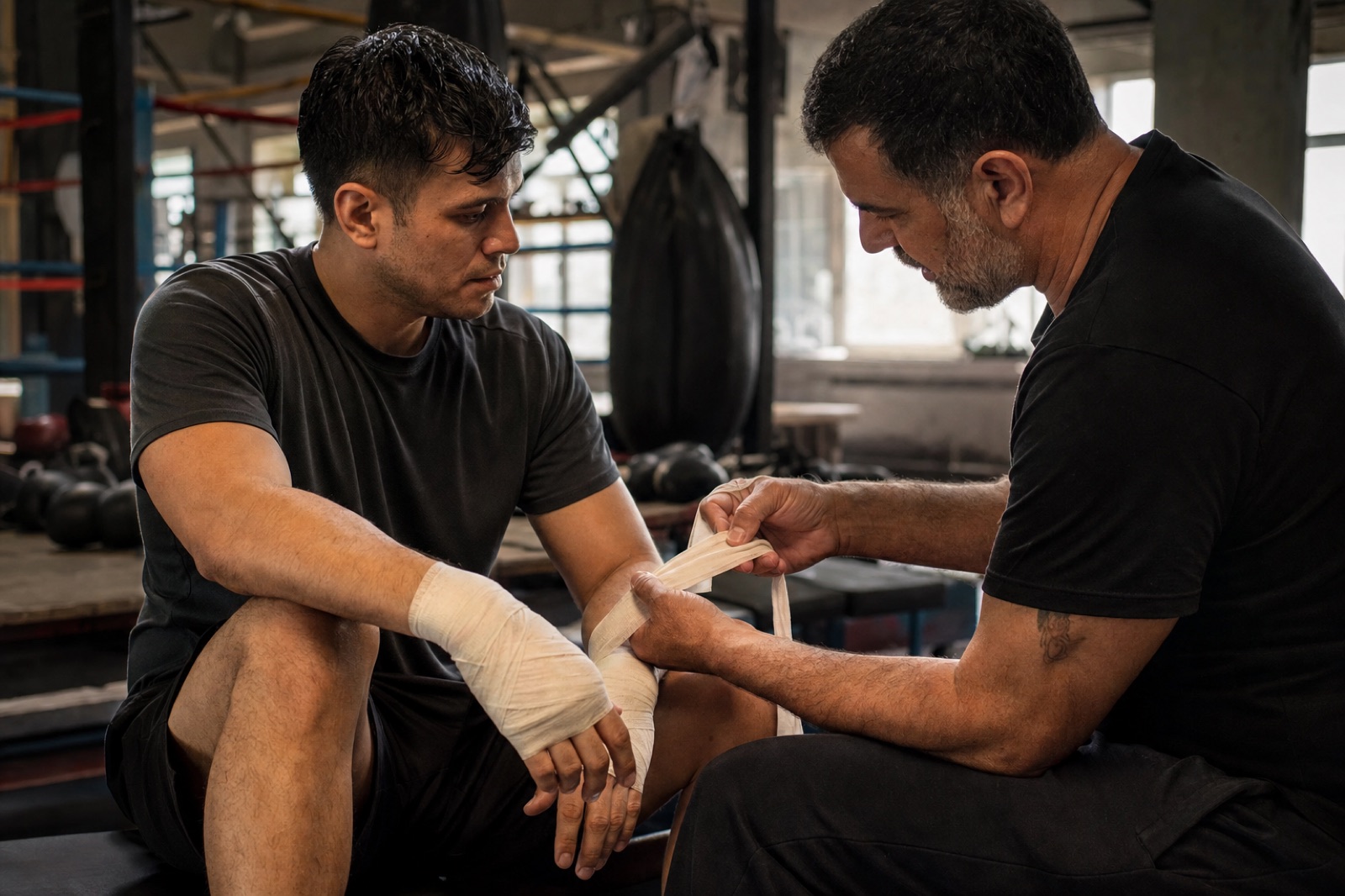 A coach and an amateur boxer preparing together in a community gym