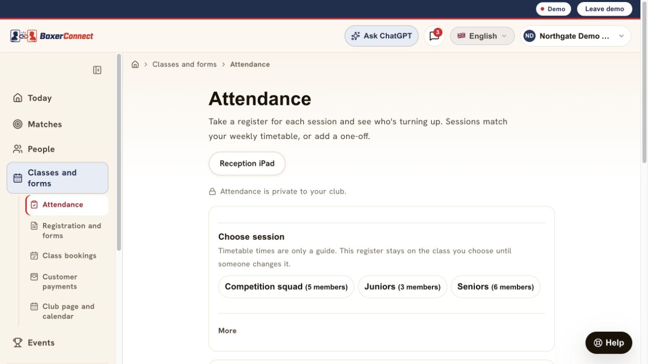 BoxerConnect attendance workspace for choosing a class or training group