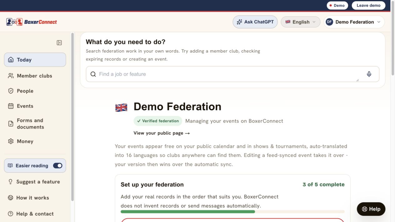 BoxerConnect federation dashboard showing setup progress, overview and member management