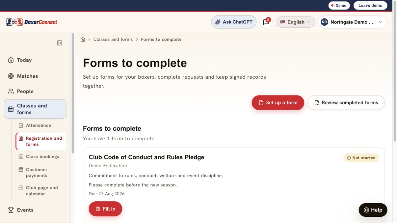 BoxerConnect registration and forms workspace with joining form and completed form actions
