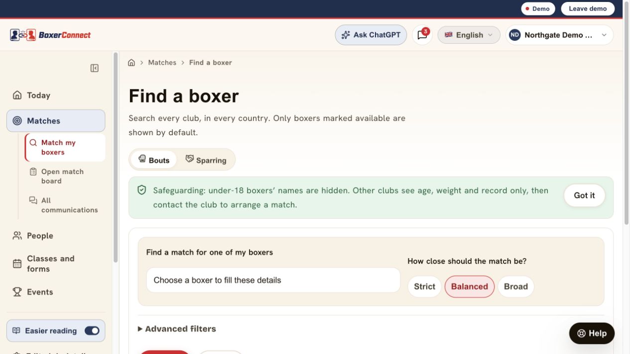 BoxerConnect opponent search with matching criteria and under-18 privacy notice