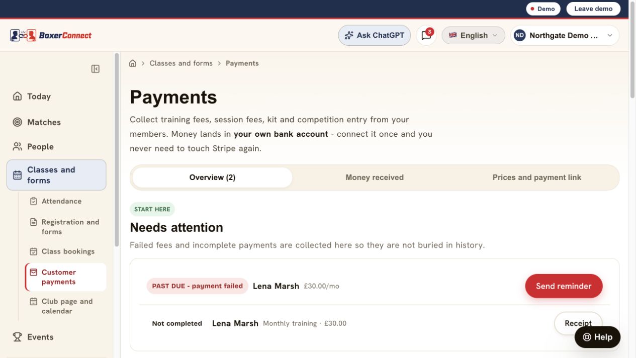 BoxerConnect payments workspace showing money received and a failed payment requiring attention