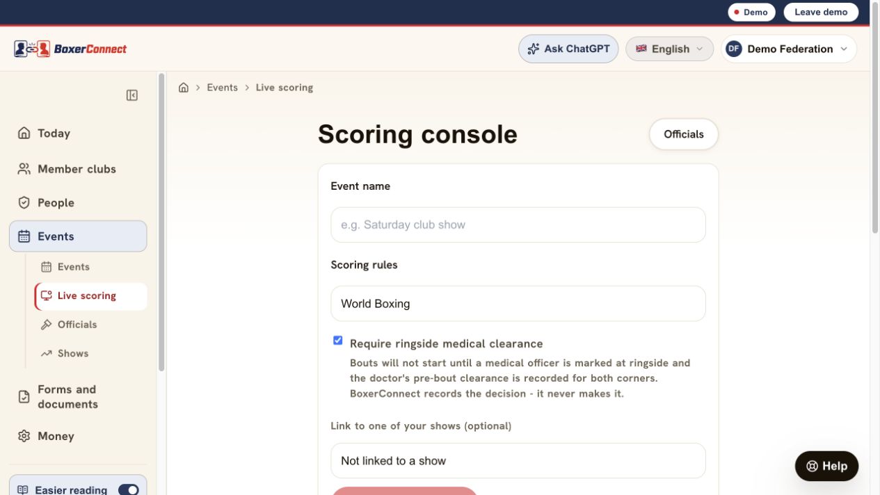 BoxerConnect federation scoring console with live event controls