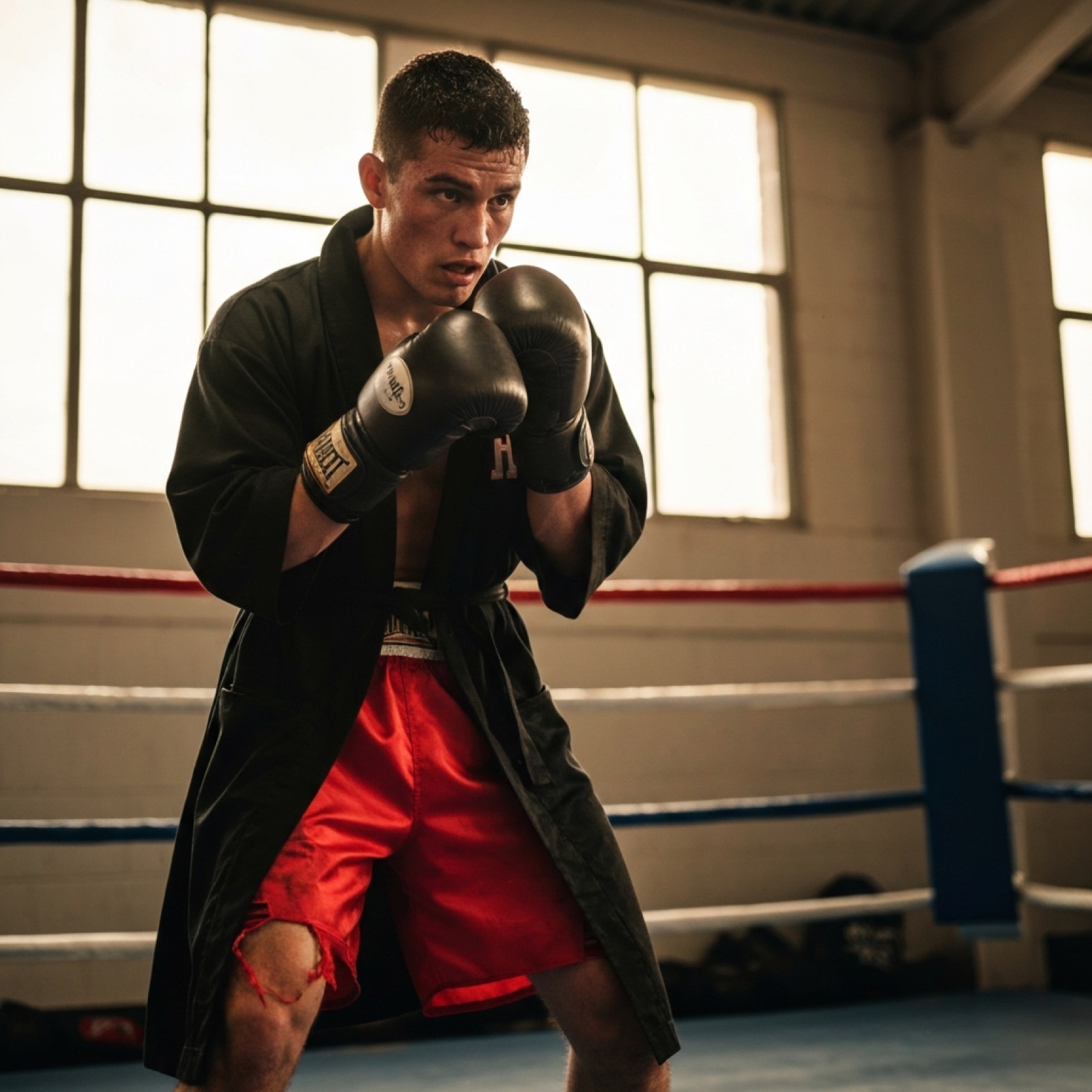 An adult amateur boxer in a community gym ring, gloves up