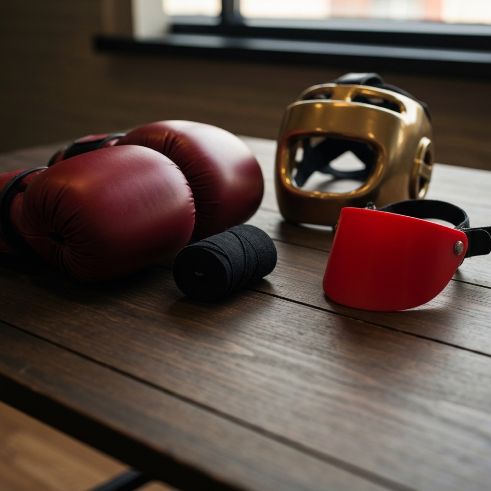 Boxing gloves, a head guard, hand wraps and a gum shield on a bench