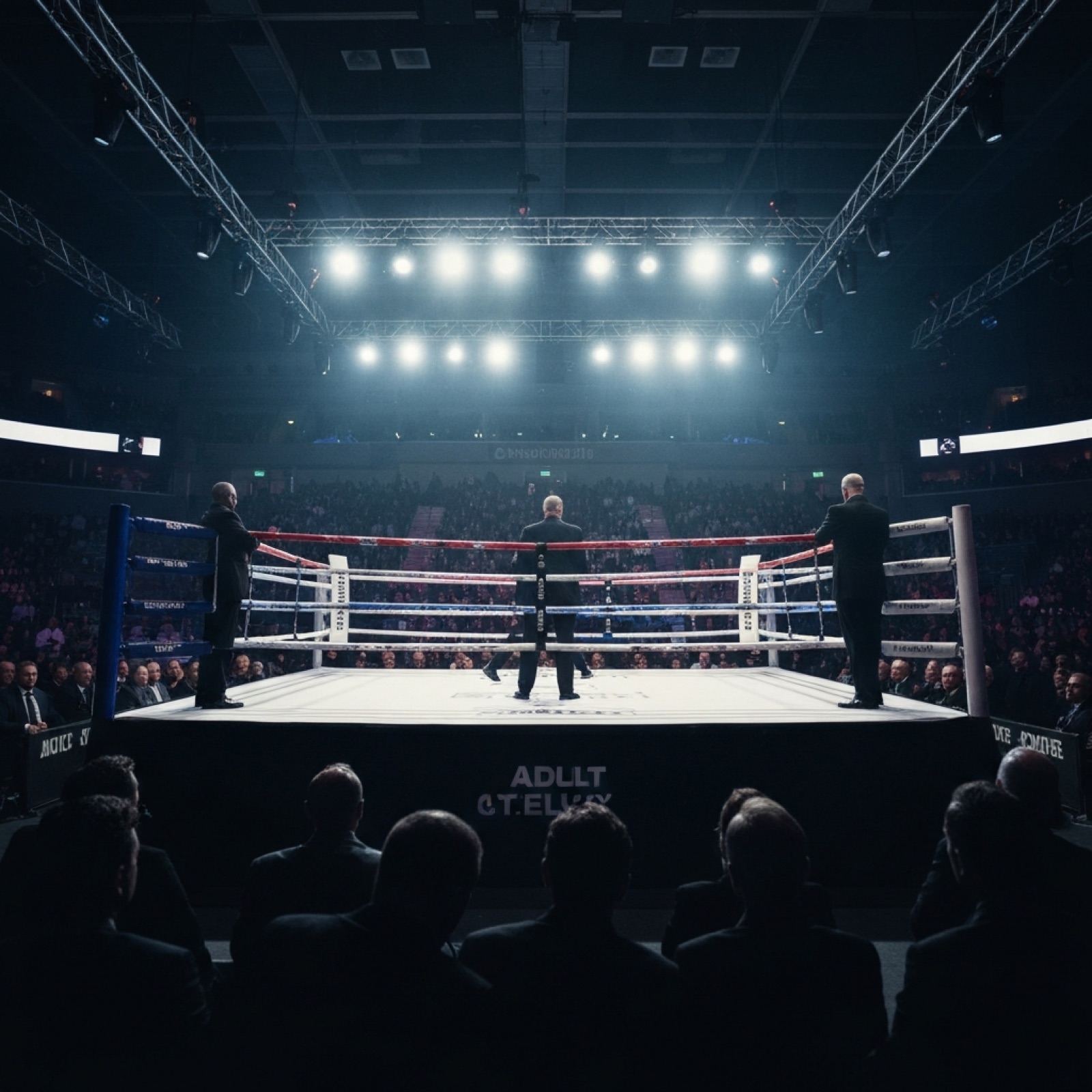 A professional boxing ring inside a packed arena on fight night