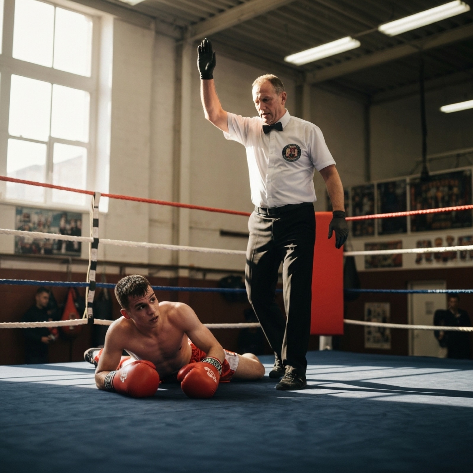 A referee giving a standing count over a boxer on the canvas